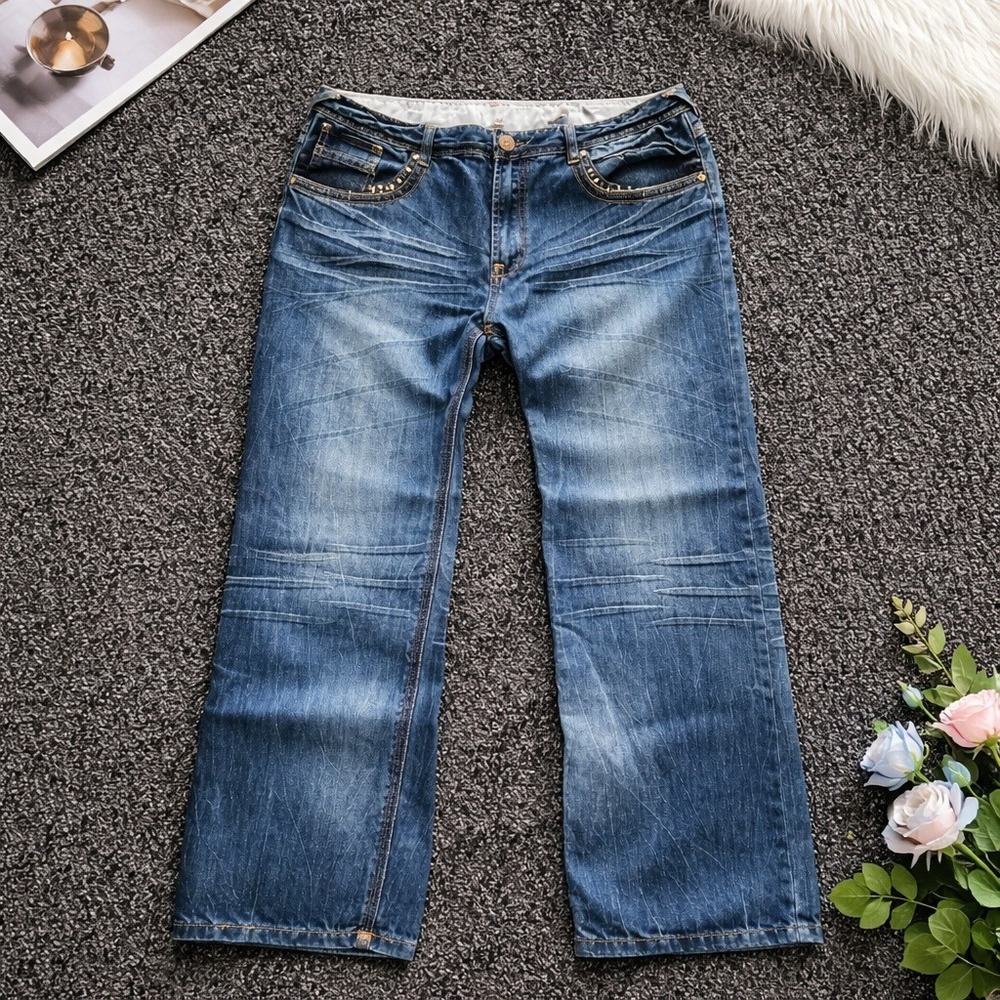 Do Denim Jeans Men's 38x32 Blue Studded Embellished Vintage Denim Missing Button